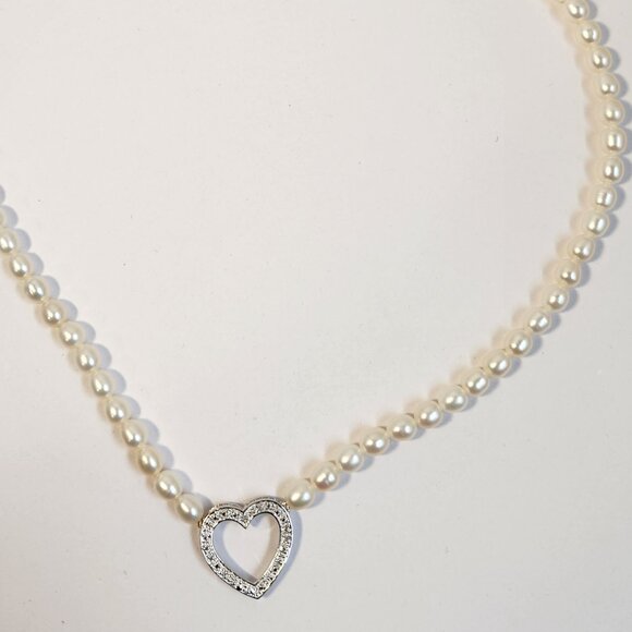 VTG NIB 925 Freshwater Pearl & Pave style Heart Necklace 18" - Picture 9 of 12